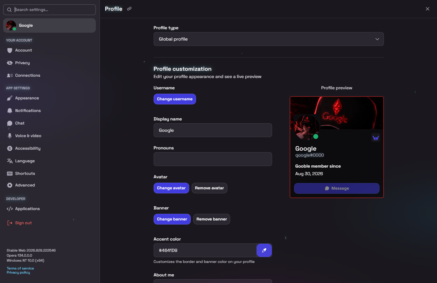 Gooble profile customization — avatar, banner, accent, custom discrim