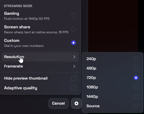 Gooble streaming settings — resolution and framerate